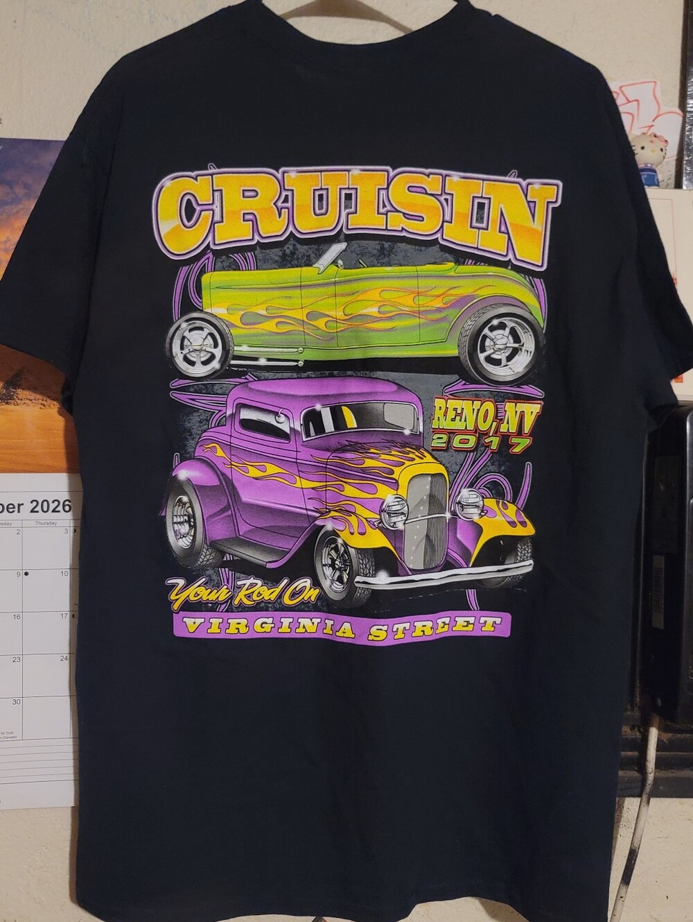 Cruisin Reno 2017 Black Graphic T‑Shirt with Purple & Yellow Car Art